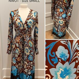 Alexis Brown and Blue Long Sleeve Wrap Gown